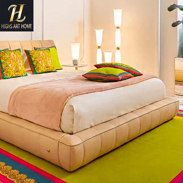 Factory Direct Sales Italian Luxury Import First Layer Light Pink Cowhide Double Queen Bed Cream Wind Atmosphere Wedding Bed