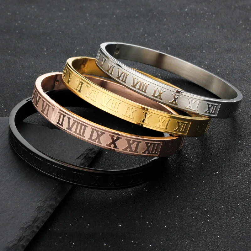 2024 Luxury Cuff Bracelet Bangle Stainless Steel Bracelet Carving Roman Numeral Couple Roman Bangle For Men Women Jewelry
