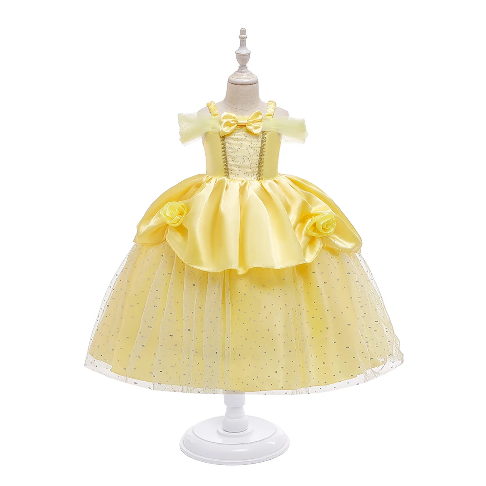 Beautiful Yellow Roses Belle Princess Dress Off Shoulder Layered Dresses Ball Gown Cute Belle Costume for Kids Girl