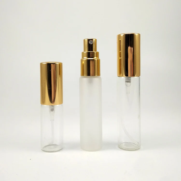 Clear Frosted 5ml 10ml Thin Glass Spray Sample Vials Mini Perfume Bottle with Atomizer Gold Silver Black Cap