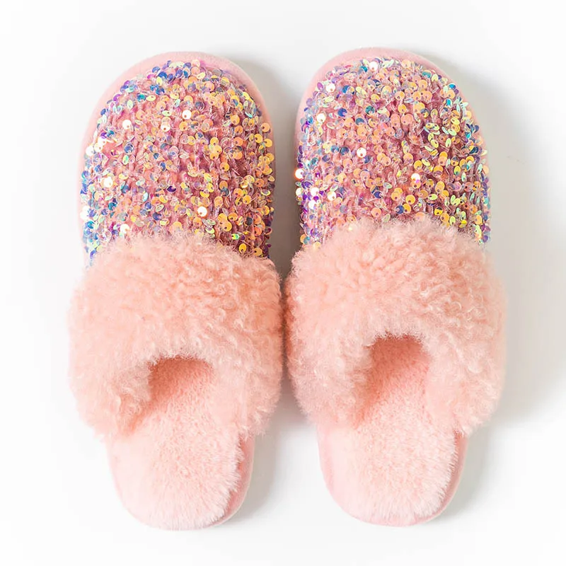 MIO Winter Fashion Cotton Cozy Sole Plush Slippers Shiny Sequin Home Slippers Warm Indoor Soft Anti Slip Slippers For Women