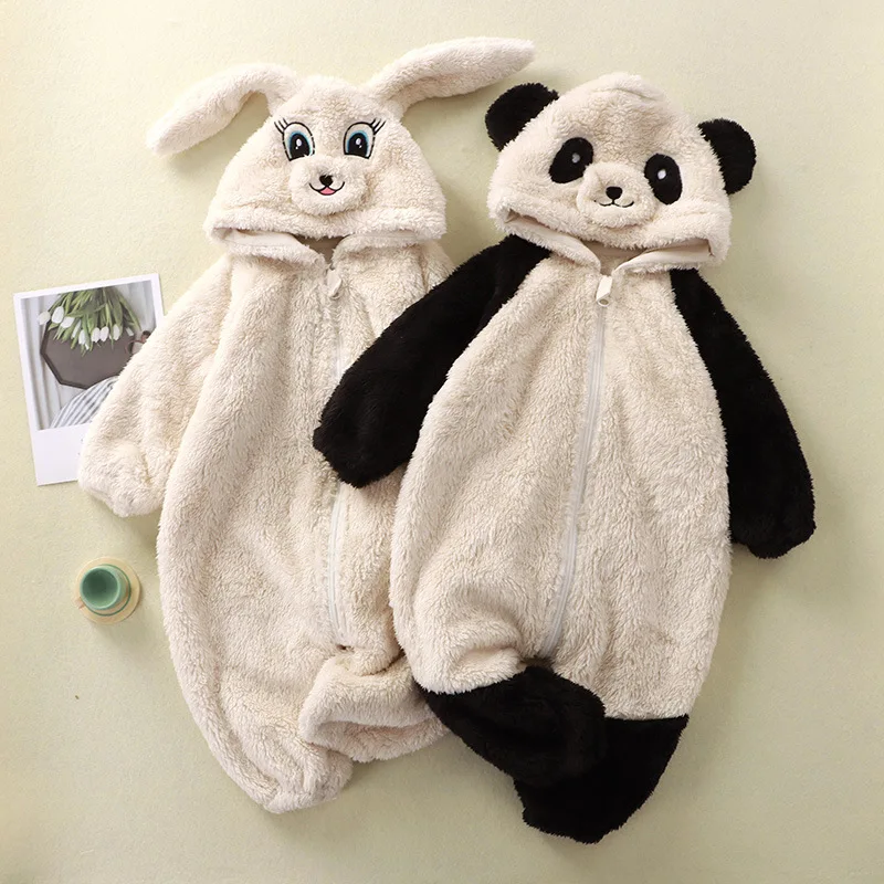 Baby Cartoon Rabbit Panda Plush Jumpsuit Infant Warm Flannel Clothes Toddler One-piece Hooded Romper