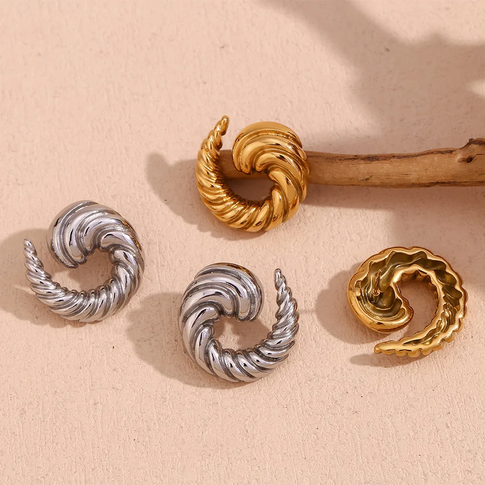 Fanhua Earring Wholesale Women Luxury  18k Gold Plated Hypoallergenic Stainless Steel Korean Vintage Vortex Horn Gypsy Earrings