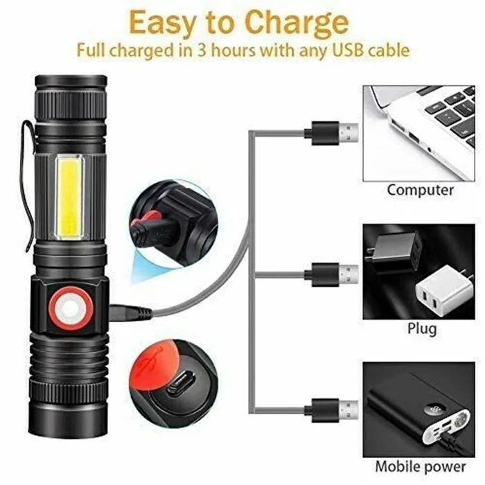 Портативный светодиодный тактический фонарик T6 COB с зарядкой от USB карманный зажимом магнитный Рабочий фонарь