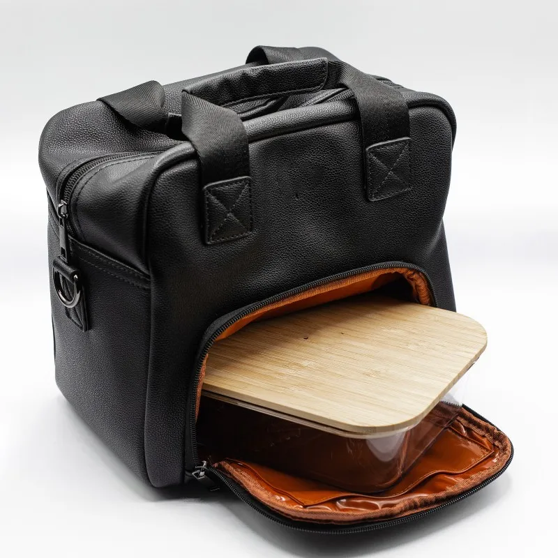 Black Lunch Box Bag For Men & Women Portable Leather Small Lunch Cooler Bag Handheld Insulated Lunch Bag