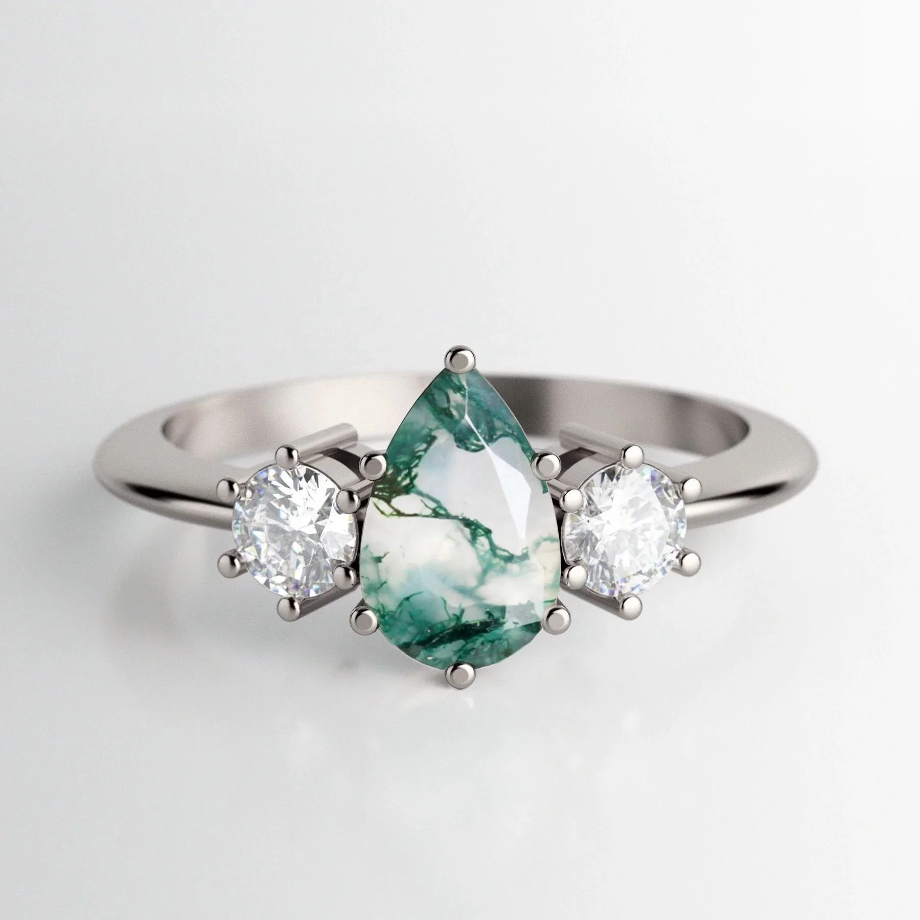 Pear Cut Natural Moss Green Agate 925 Sterling Silver Three Stone Anniversary Ring