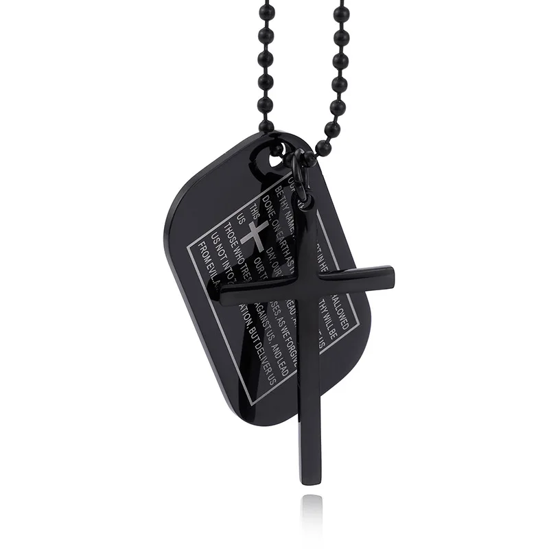 Mens Religious jewelry 316L Stainless Steel Rolo Chain Dog Tags Prayer Cross pendant Necklace For Men