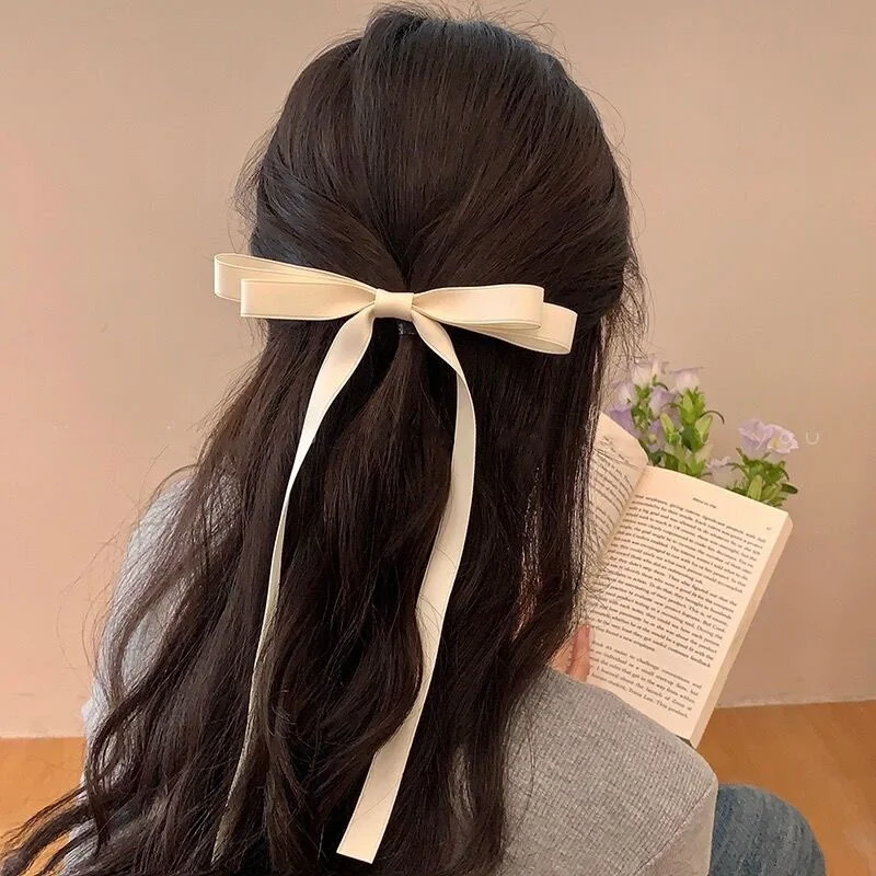 Elegant Girlish  hair decorative Ribbon Bow  hairpins Fabric hair barrettes with Long tail for lady Women Accessories