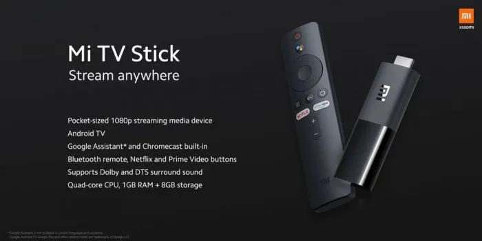 
Xiaomi Mi TV Stick Global Version Android TV 9.0 2K HDR Quad Core 1GB RAM 8GB ROM Wifi 5 Netflix Google Assistant 