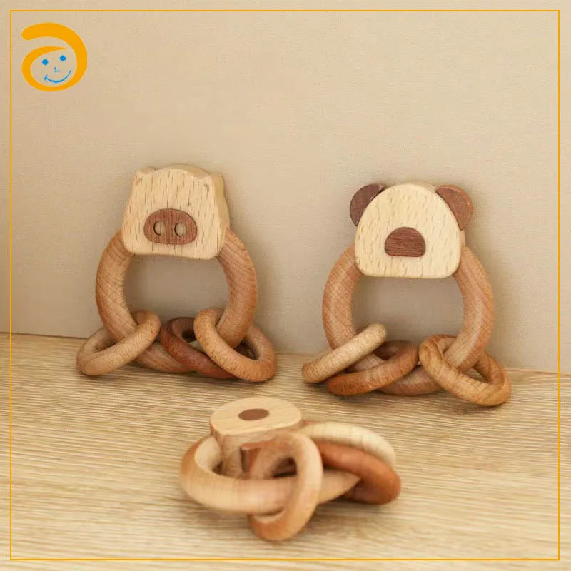 Lovely Pig Bear Animal Shape Sensory Development Unpainted Beech Wooden Rattle Baby Teething Relief Toys