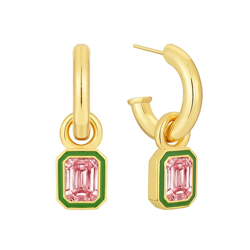 Korean luxury elegant retro octagonal earrings female green drop glue inlaid with pink zircon earrings