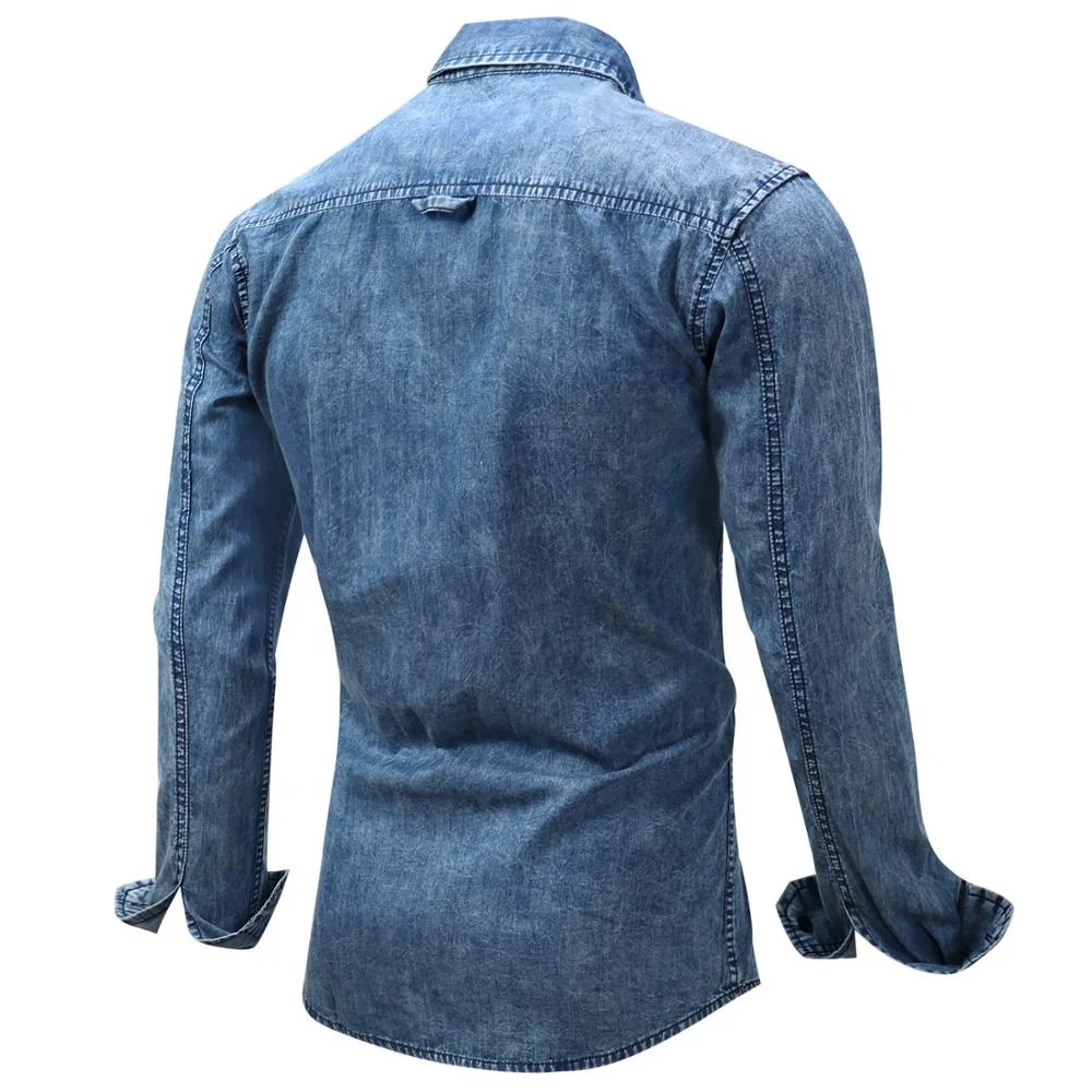 Hot Sale Formal Style 100% Cotton Slim Long Sleeve Business Denim Jean Shirt For Mens