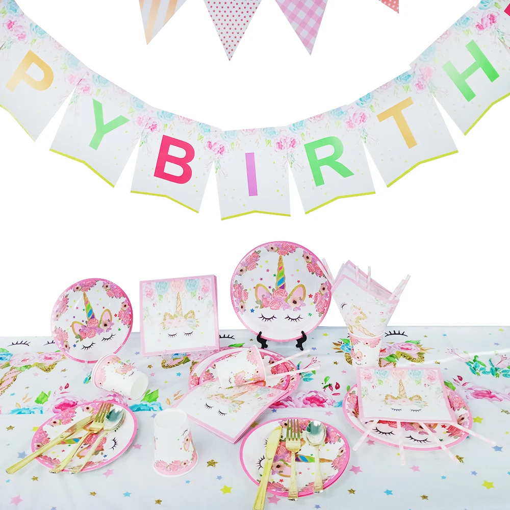Magical  Unicorn Party decorations Supplies Serve Happy Birthday Banner Hats Plates Table Cloth