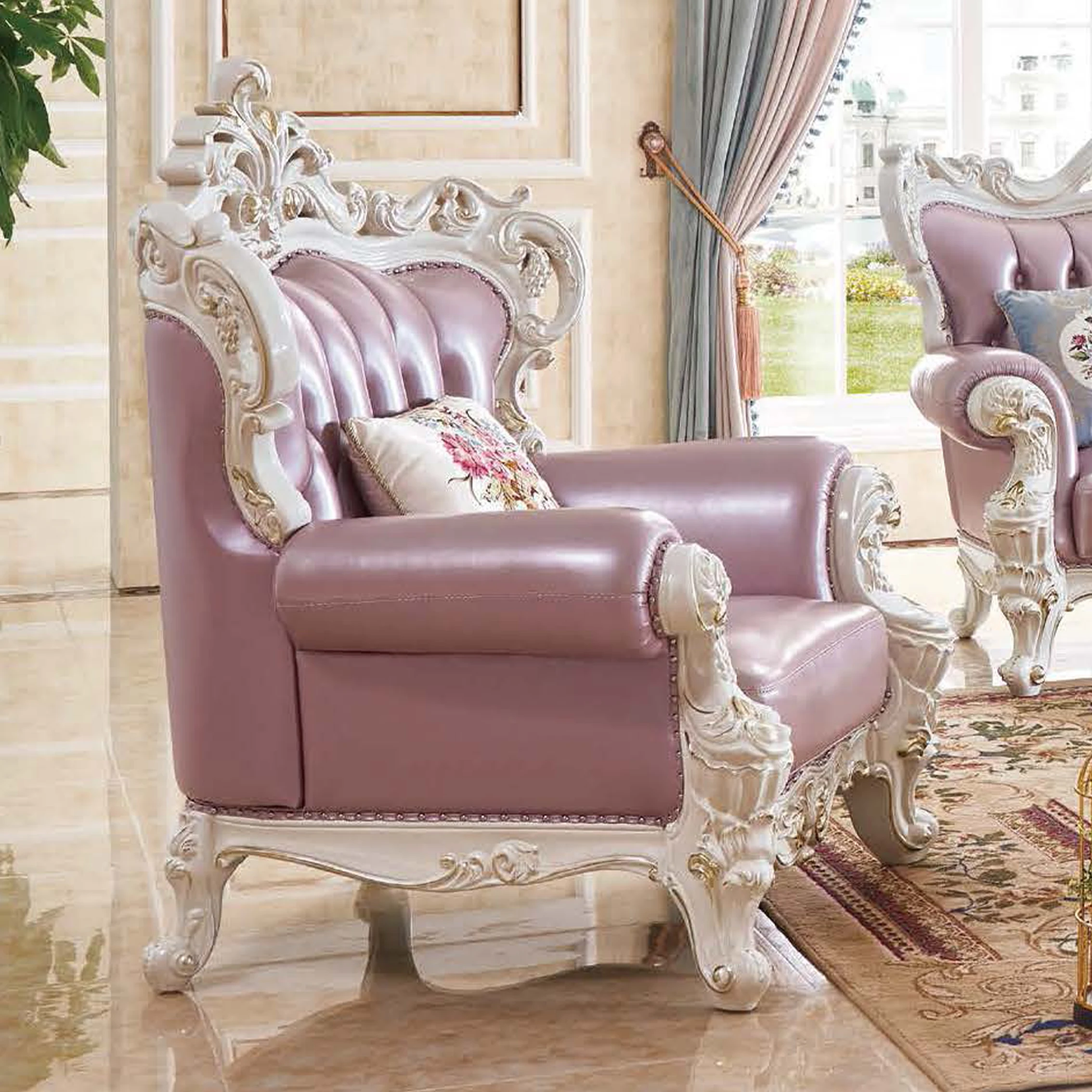 French luxury antique carved wooden 1 2 3 genuine leather couch cushion upholstered living room furniture sofa for hotel villa