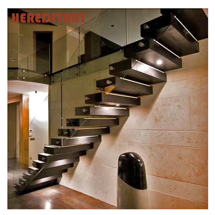 Led Light Staircase Glass Railing  Wooden Stair Steps With Floating Staircase Modern Interior Wood Stairs