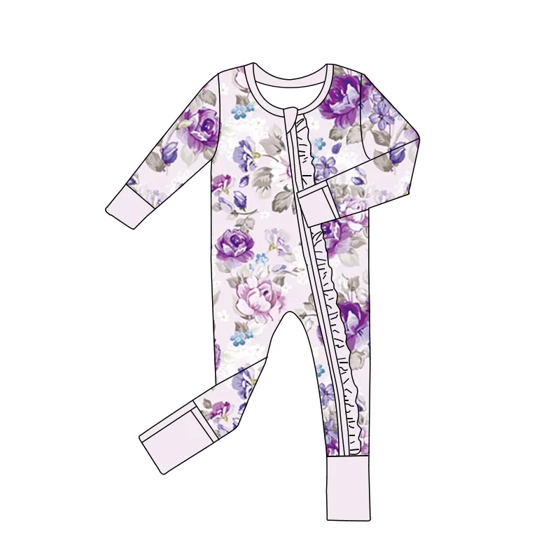 Hot Sale Cheap Factory Price Kids Clothing Bamboo Fabric Ruffled Concealed Zipper Long Romper Soft Baby Winter Pajamas