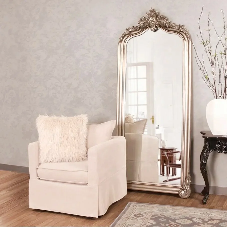 Custom retro gold large full length body floor mirror Barock carved PU leather framed living room decor mirror spiegel espejo