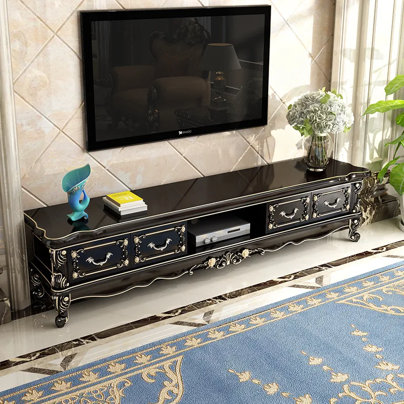 Luxury European 6-Drawer TV Stand Solid Wood Cabinet Set with Marble Top & Ebony Paint Carving Living Room Bathroom Villa