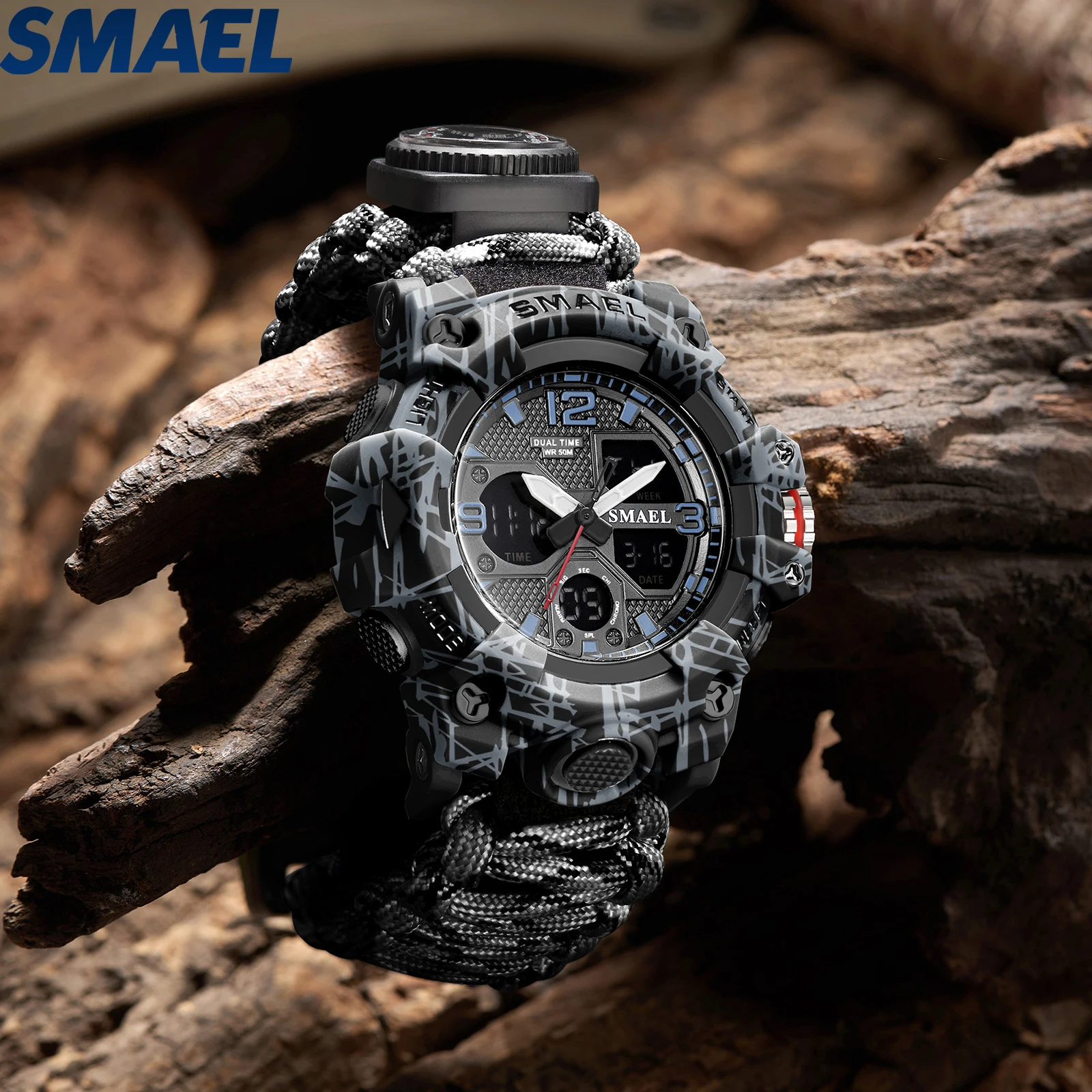 SMAEL Outdoor Survival Nylon Watch Emergency Timing Whistle Compass Thermometer Ignition Alarm Clock Stop Survival Sports Watch