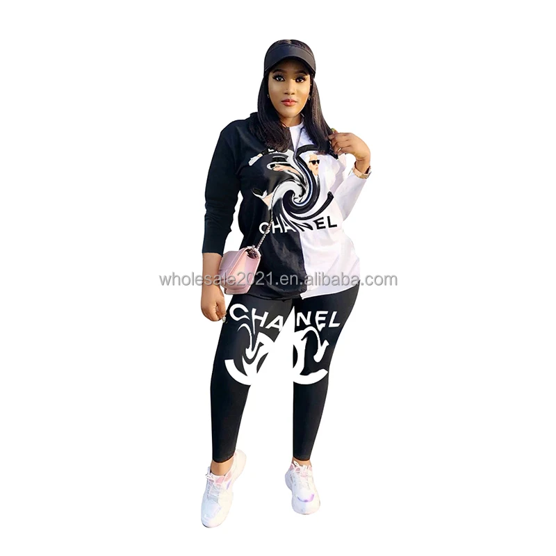 
Women Spring Fashion Casual Printing Color Matching Designer Clothes Famous Brands Long Sleeve Sports Two Piece Set Wholesale 