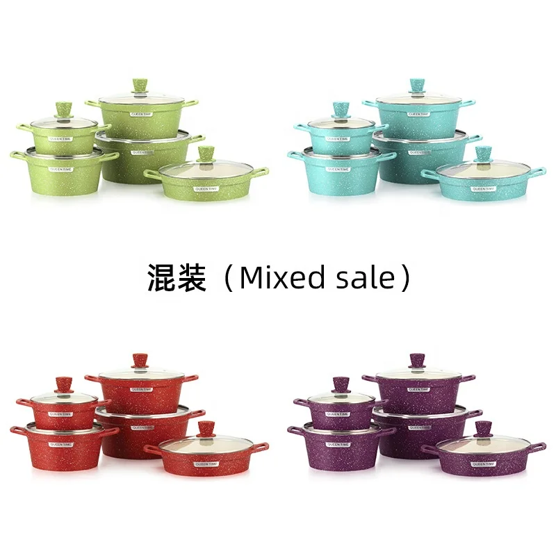 Factory Aluminum marble die-cast stockpot Kitchen cookware set 10-piece aluminum cooking pot set