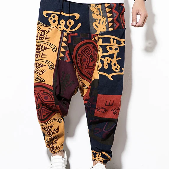 Pants Men Casual  hip hop Streetwear Cotton Linen Printing Patchwork Long Cargo Pants