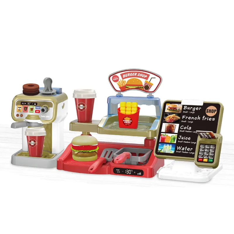 Kids play house kitchen cooking games cute fast food coffee machine burger table ordering table toys