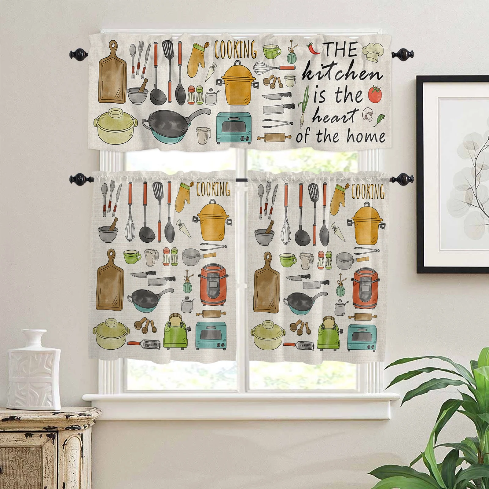 Gnomes Chef Kitchenware Printed Window Valance Treatments Cafe Tier Curtain Panels