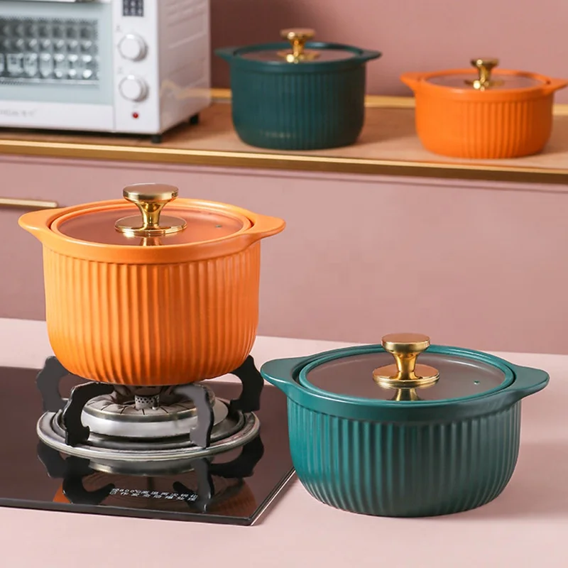 Creative matte color glazed ceramic casserole pot with glass lid High temperature resistant open flame household ceramic pot
