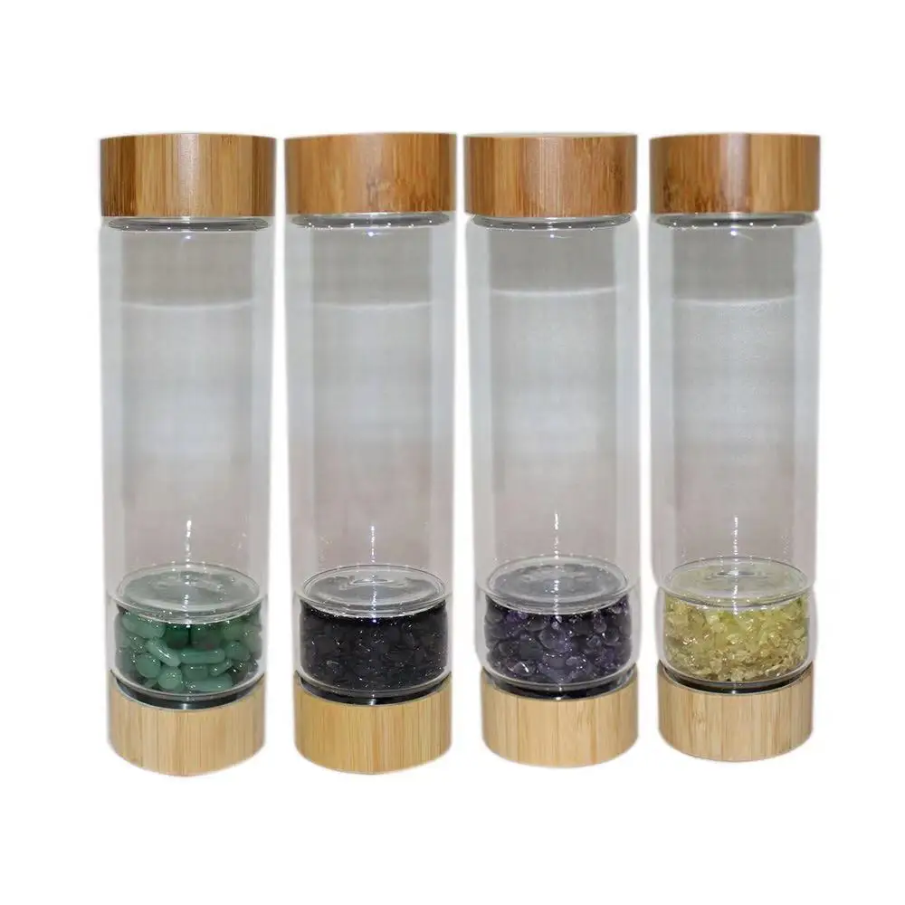 Wholesale Energy Natural Crystal Gemstone Bamboo Cover Quartz Glass Water Bottle