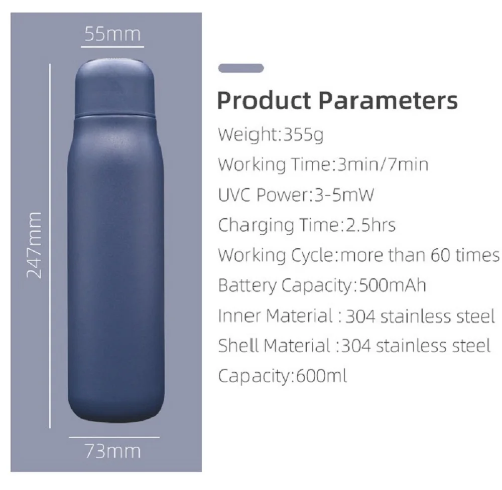 Free shipping stainless uv water purifier and self cleaning water bottle rechargeable with smart screen