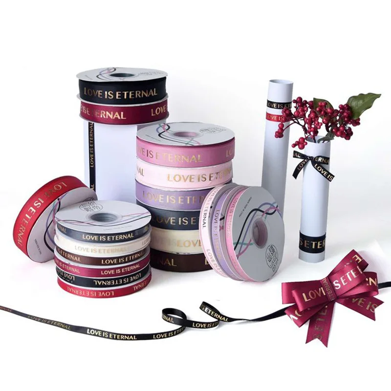 Customized Design With Logo Embossed Shiny Gold Foil Print Gift Packing Polyester Satin Ribbon