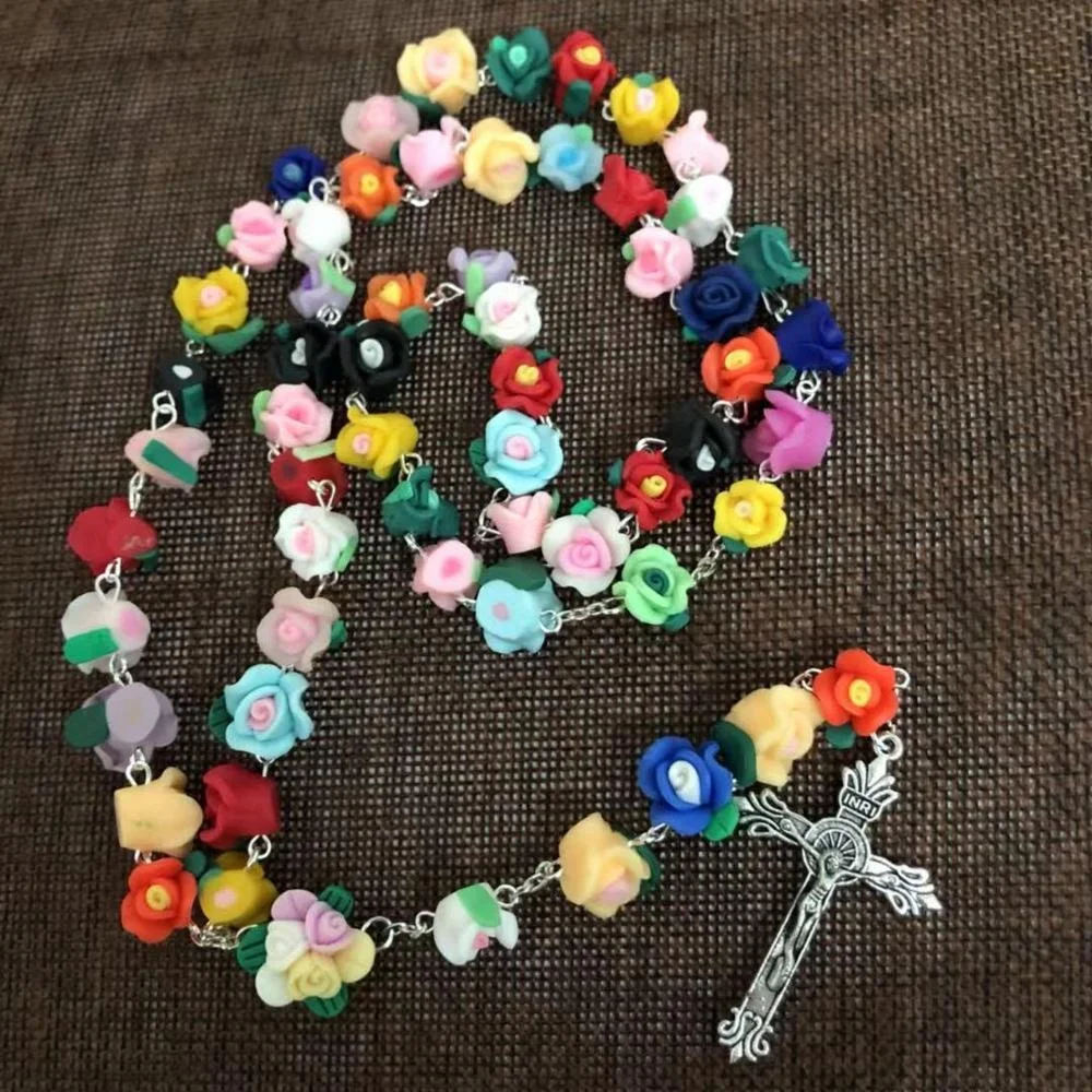 Candy bright colorful Soft Ceramic beads rose flower rosary catholic crucifix Necklace