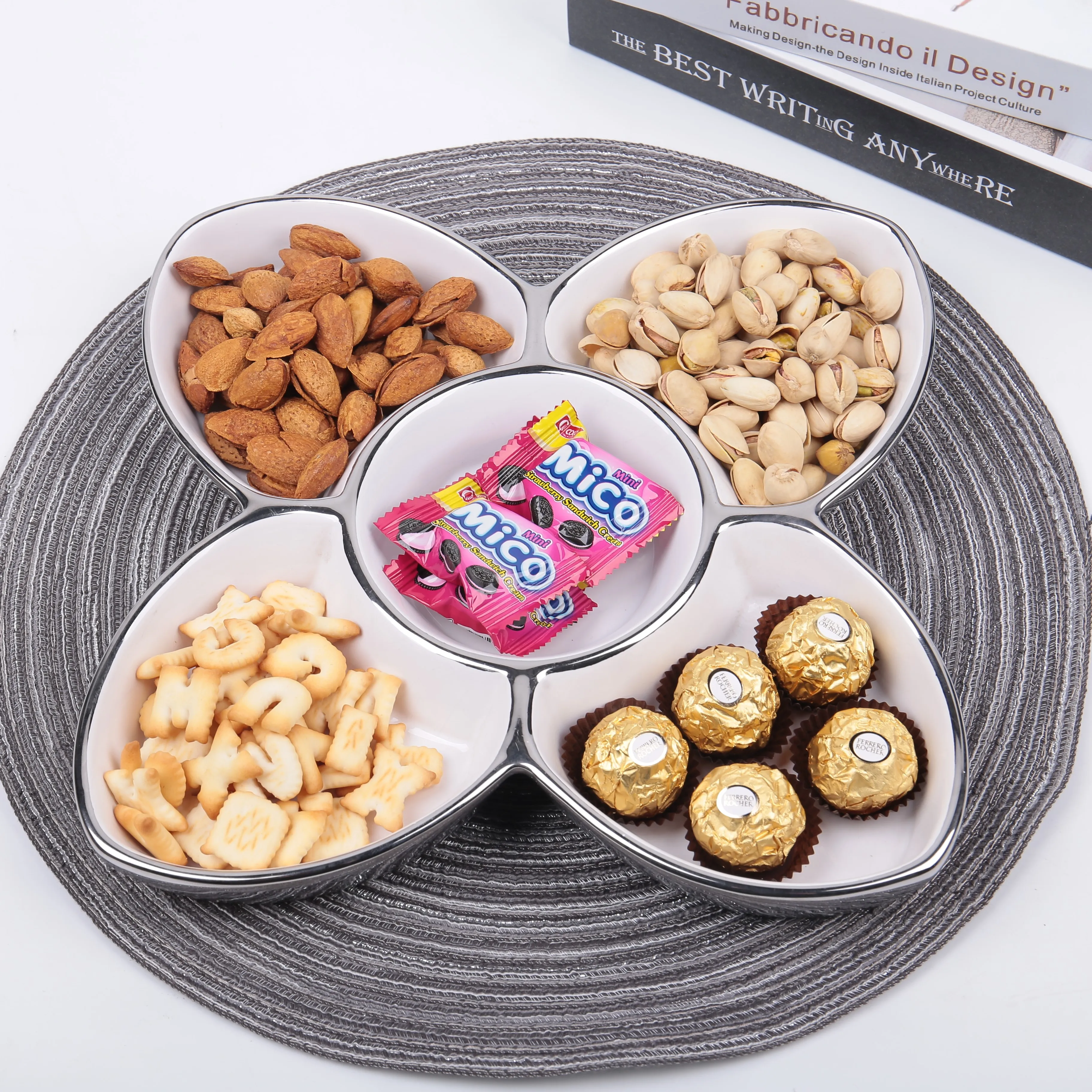 Custom Modern Divided Platter White Ceramic Serving Plate Handmade Snack Dish Candy Dried Fruit Plate