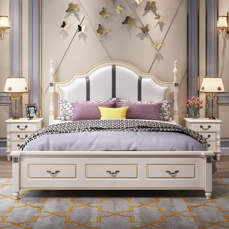 Synthetic Leather Luxury American Design King Size Large Capacity Solid Wood Bed For Bedroom Set With Frame
