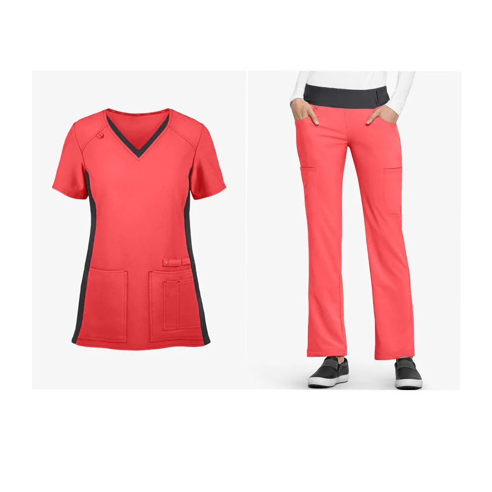Surgical Active Work Wear Scrubs Uniforms Sets V-Neck Knit Panel& Straight Leg Pant Scrubs Nurse Scrub Beauty Salon