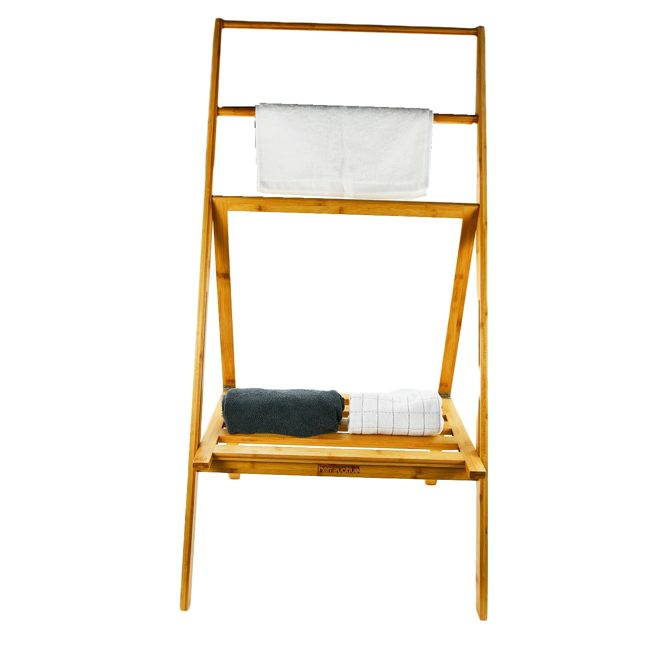 Folding Bamboo Clothes Drying Racks Organizer Free Standing Towel Rack with 3 Hanging Rods Storage Shelf Home Use