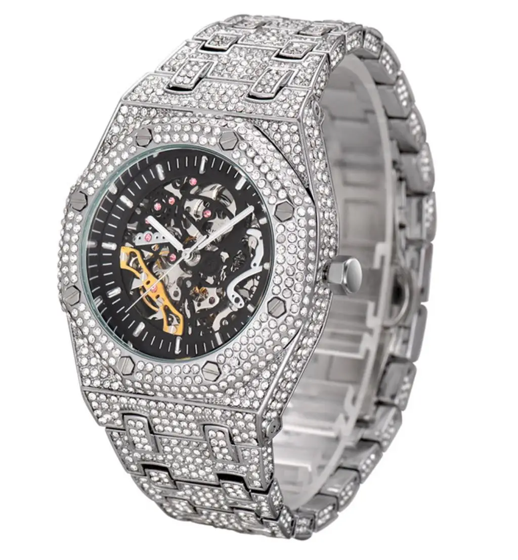 Роскошные автоматические мужские часы 3A с полностью алмазным покрытием механические из нержавеющей стали 316L полым