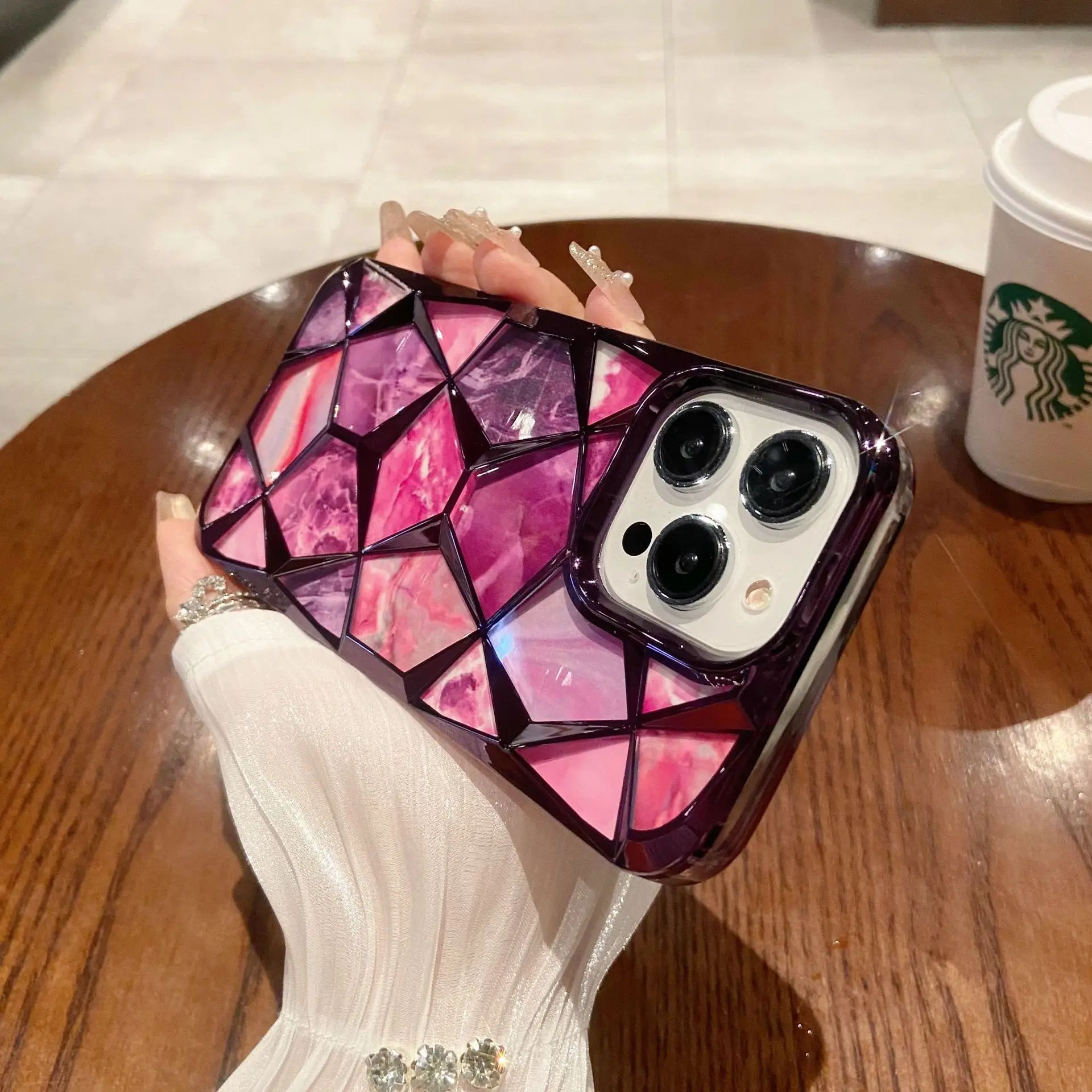 Gradient Glitter Marble Diamond Texture 3D Lattice Phone Case, Plating Soft TPU Cover for iphones 16 15 14 13 12 11 pro max