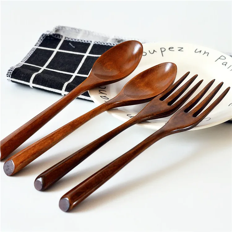
Fancy wholesale tableware japanese style cutlery dark brown triangle handle wooden spoon fork knife 