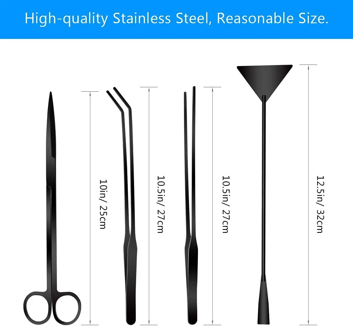 Aquarium Aquascape Tools Kit 4 in 1 Anti-Rust Aquatic Plant Aquascaping Tool Stainless Steel Black Tweezers Scissors Spatula