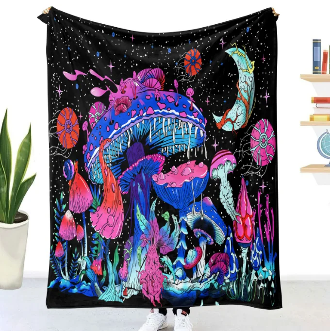 Custom digital print mushroom colorful Fleece blanket custom print flannel fleece blanket  for music activities