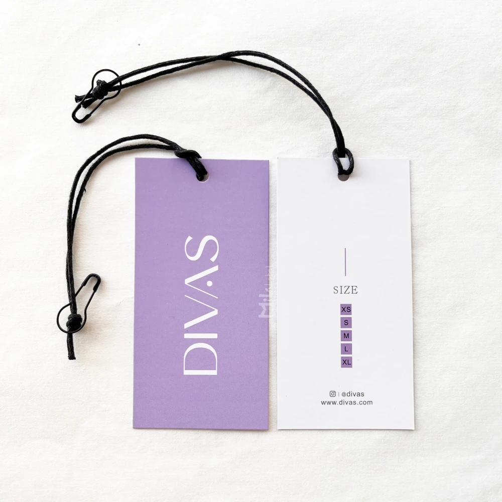Elegant purple hang tag with Cotton wax rope and pins Double-sided printing swing ticket for clothing hand tags