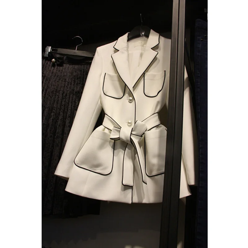 Spring and autumn Korean jacket women lace up black suit pearl button commuter black coat women
