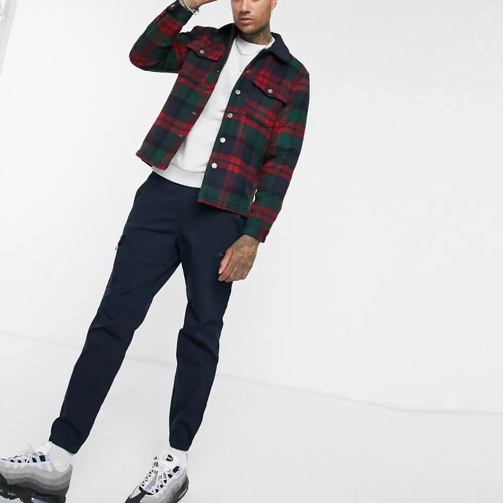 Custom logo mem fashion press-stud fastening borg collar plaid overshirt sherpa fleece check jacket