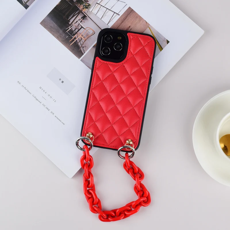 Роскошный Красный Клетчатый чехол из овечьей кожи для телефона iphone 12 11 PRO XS MAX XR 7 8 plus, чехол-сумка через плечо с длинным ремешком и короткой цепочкой