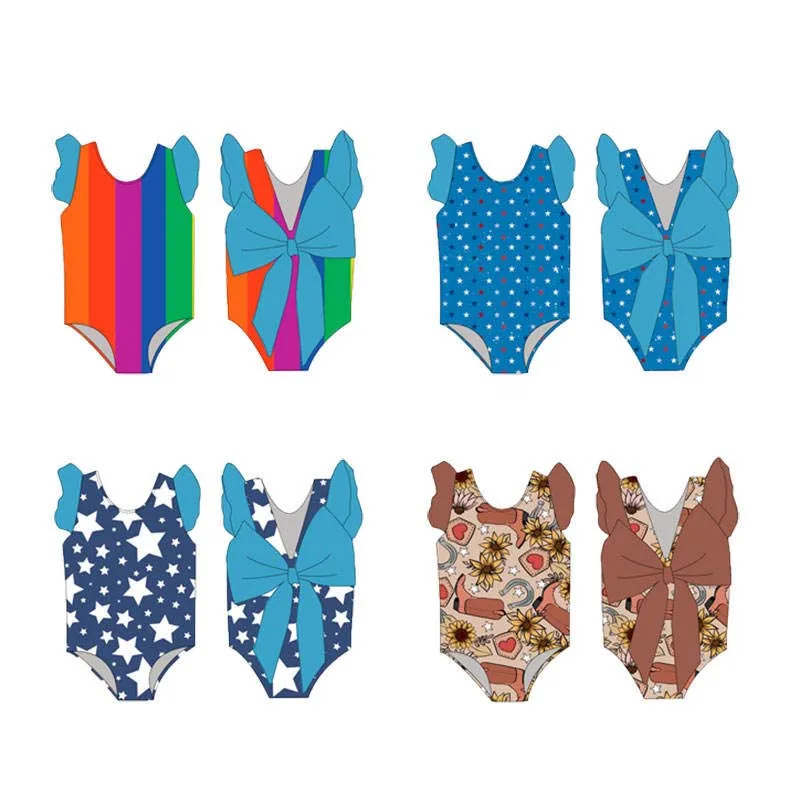 Wholesale Korea Style Kid Swimsuit Custom Fashion Beach Portable Girl Swimwear with Big Bow