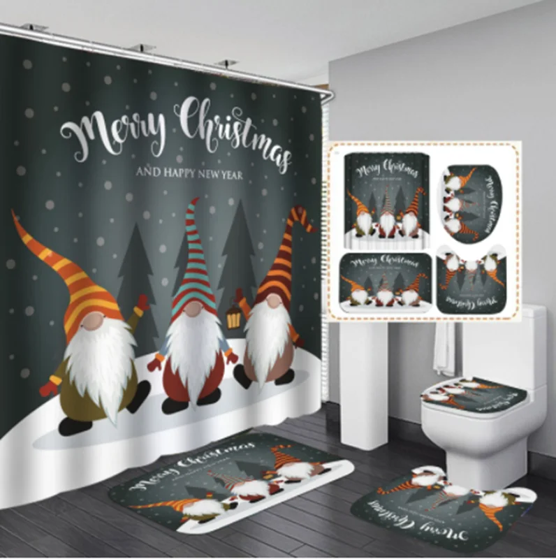 2022 Hot Christmas Waterproof Custom Limited Bathroom Shower Curtain Set With Mats