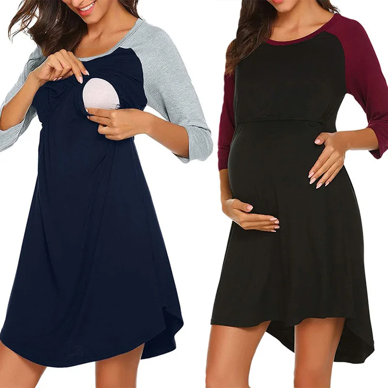 MD2003 OEM Services High Quality Modal O-Neck Breast Feeding Pregnancy Dress Women Maternity Dress