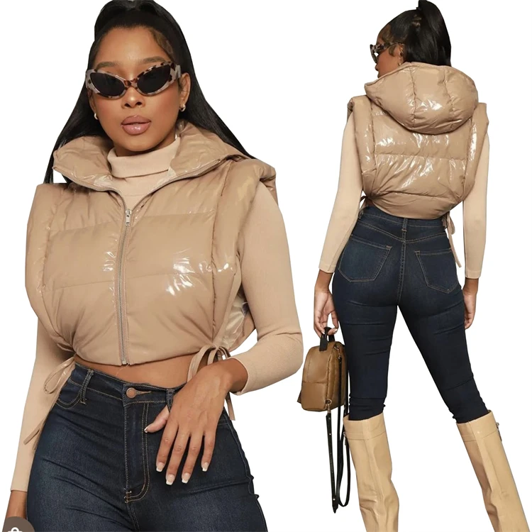 Trendy Ladies PU Leather Coat Sleeveless Side Slit Hooded Street Wear Fall Womens Puffer Jacket
